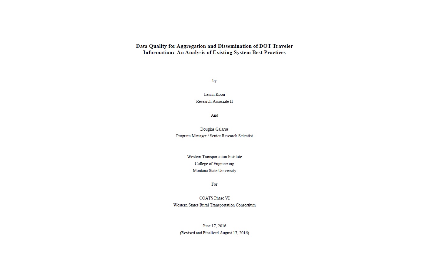 COATS Project Update, 8/22/2016: Research Report - Data Quality for Aggregation and Dissemination of DOT Traveler Information