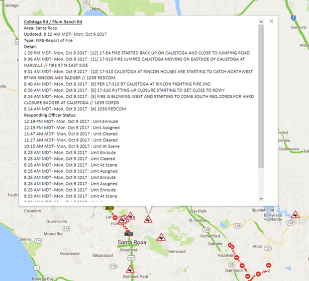 Detailed CHP Report of fire near Santa Rosa on Monday, October 9, 2017.