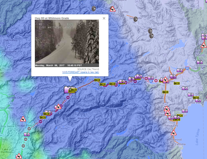 Snow on Interstate 80 at Whitmore Grade, West of Donner Pass on March 6th, 2017.
