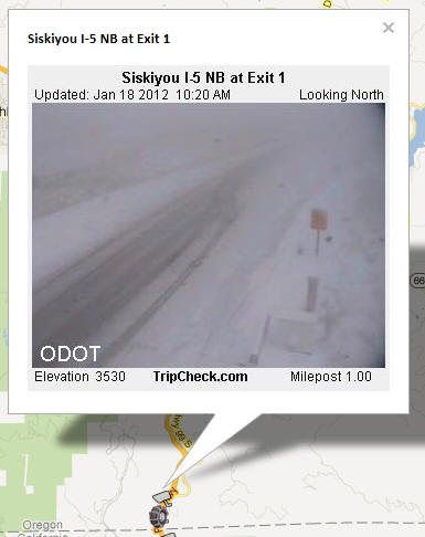 OSS Screenshot (1/18/2012): CCTV camera image showing road conditions on I-5 NB at Exit 1 near Siskiyou Pass.