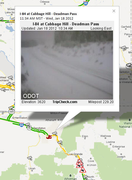 OSS Screenshot (1/18/2012): A CCTV camera image for I-84 at Cabbage Hill - Deadman Pass shows winter weather conditions.