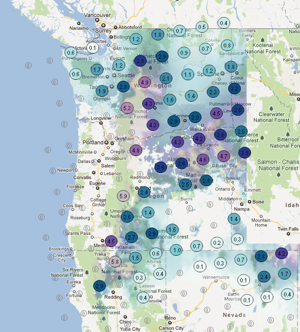 OSS Screenshot (1/18/2012): Snow Forecast Layer from the National Weather Service for the Washington, Oregon, and northern California and Nevada regions.